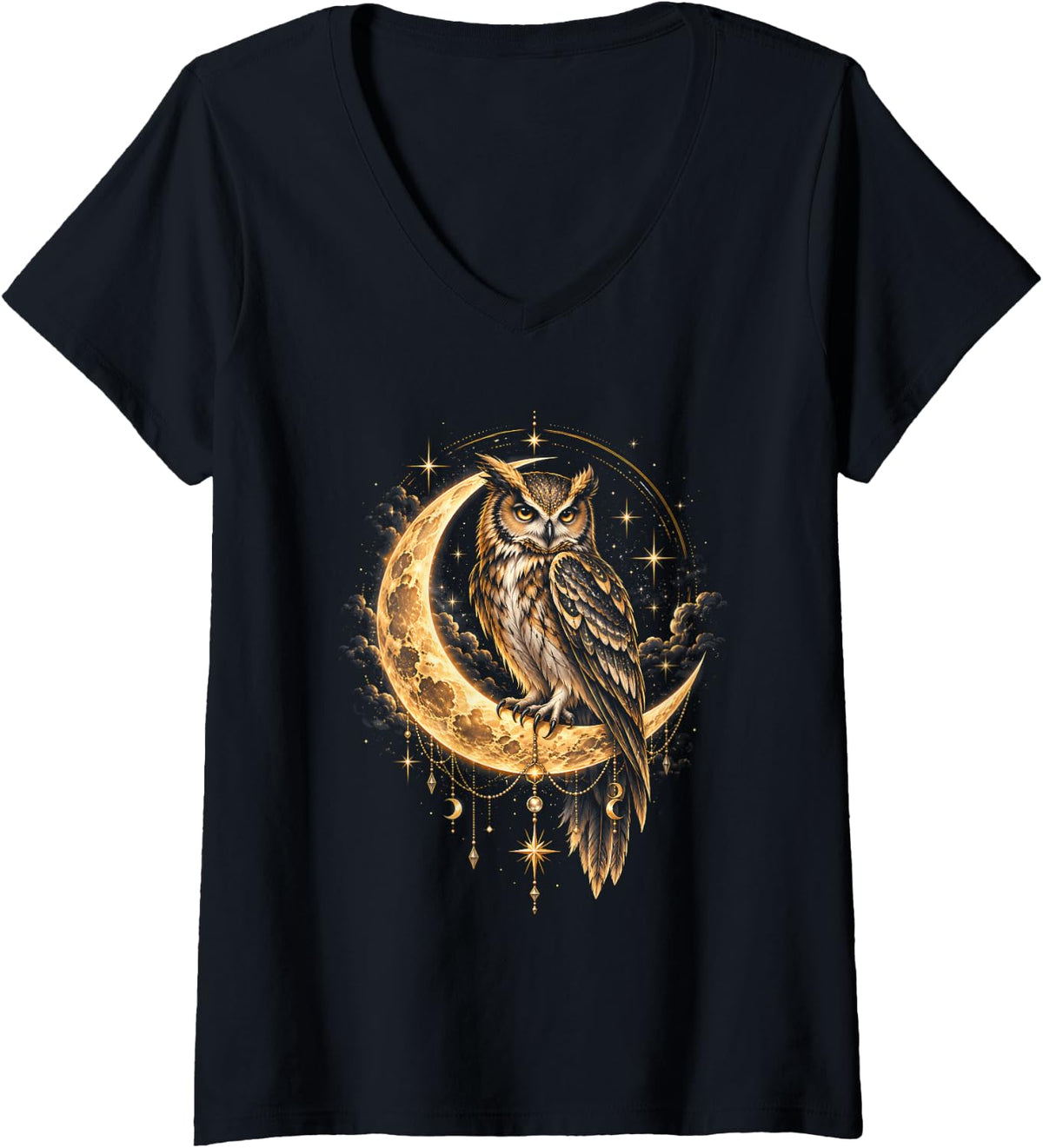 Women's Celestial Owl Crescent Moon Mystical Sky V-Neck T-Shirt - Black
