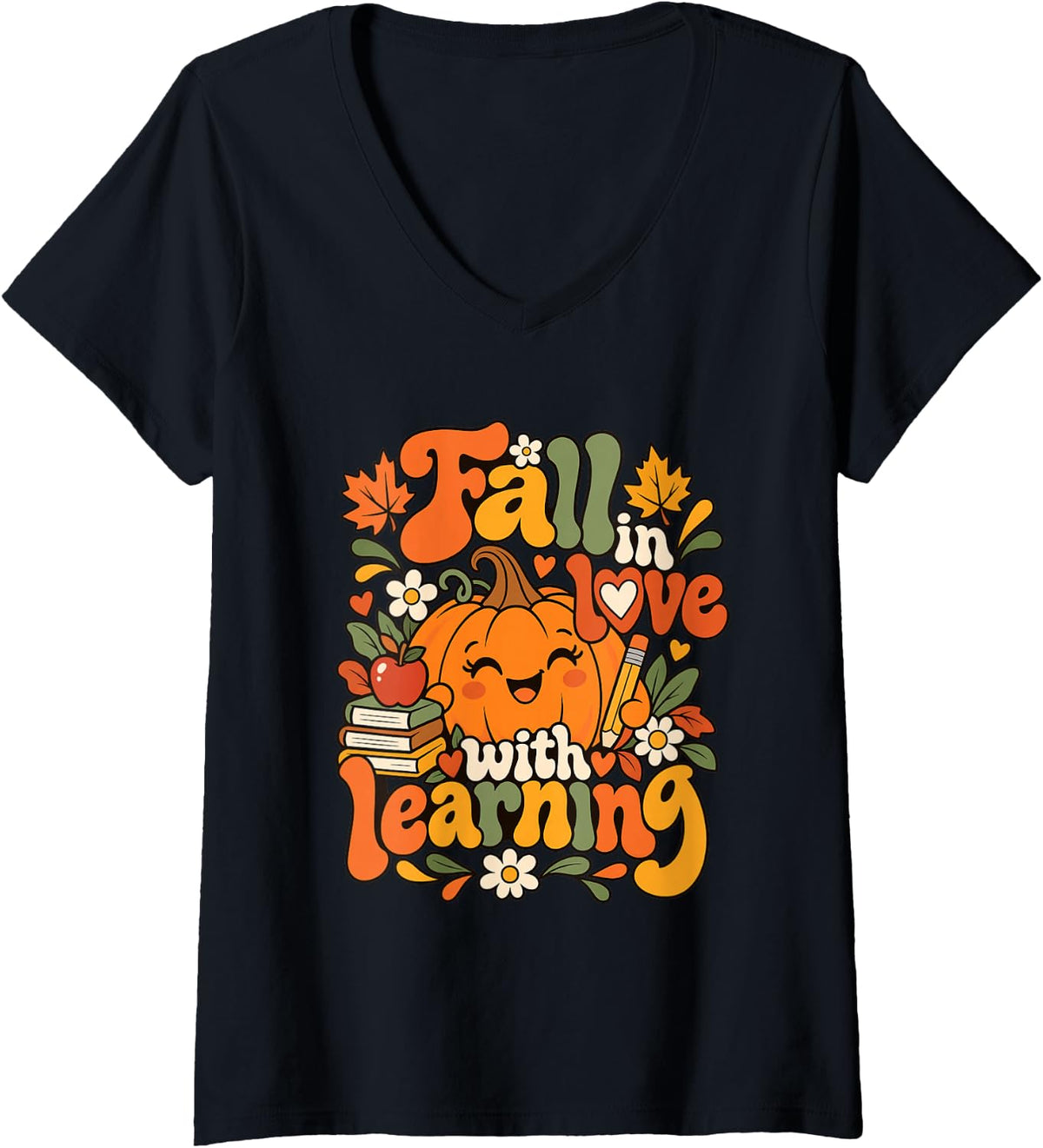 Women's Teacher Fall in Love with Learning V-Neck T-Shirt - Black