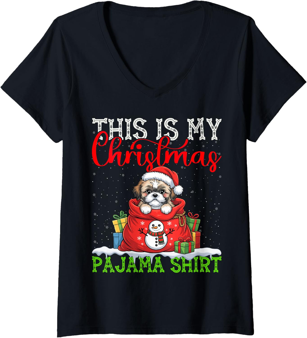 Women's This is My Shih Tzu Ugly Christmas Pajama Sweater Xmas V-Neck T-Shirt - Black