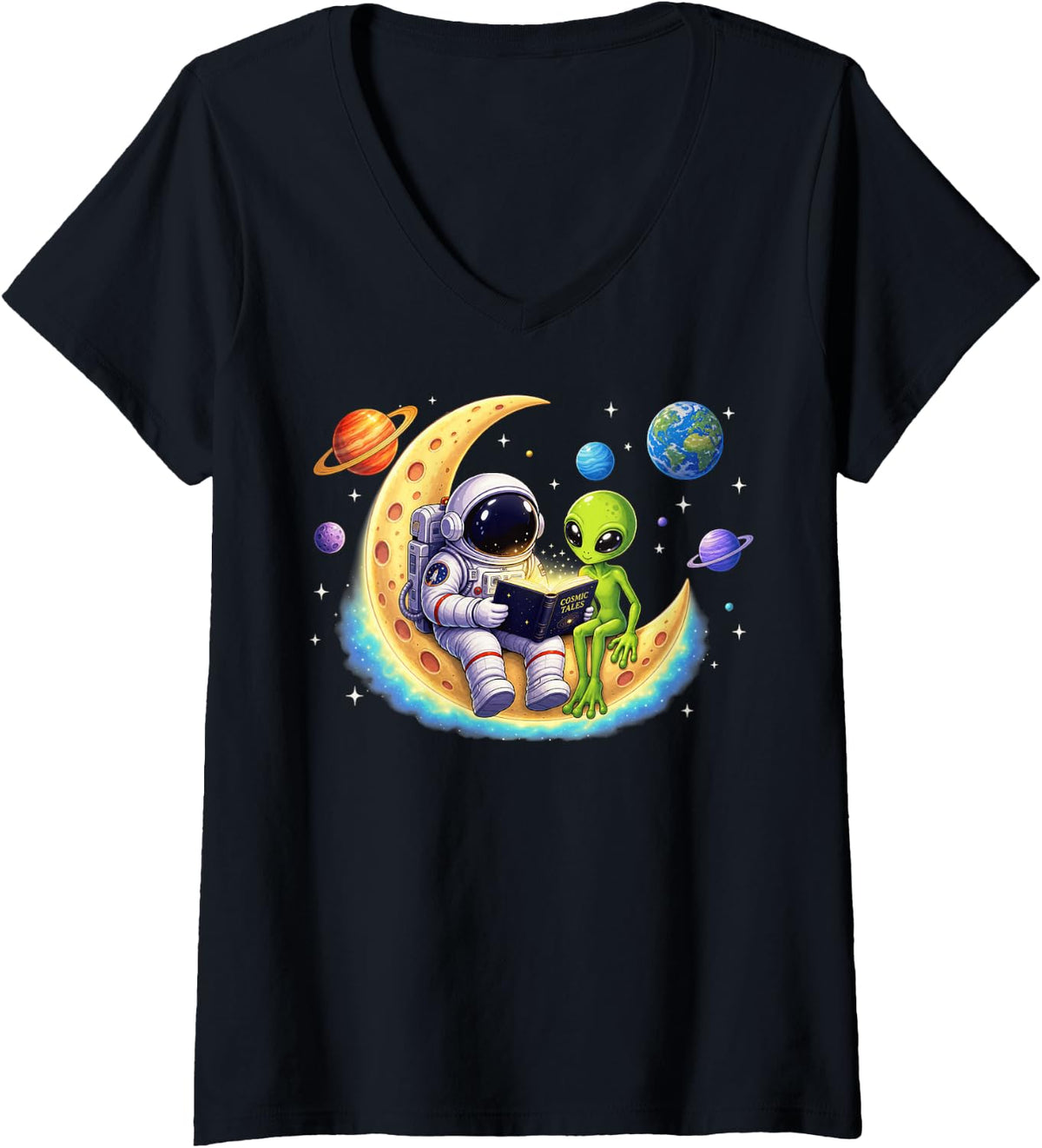 Women's Astronaut Reading Book to Alien Moon Space Astronomy Galaxy V-Neck T-Shirt - Black