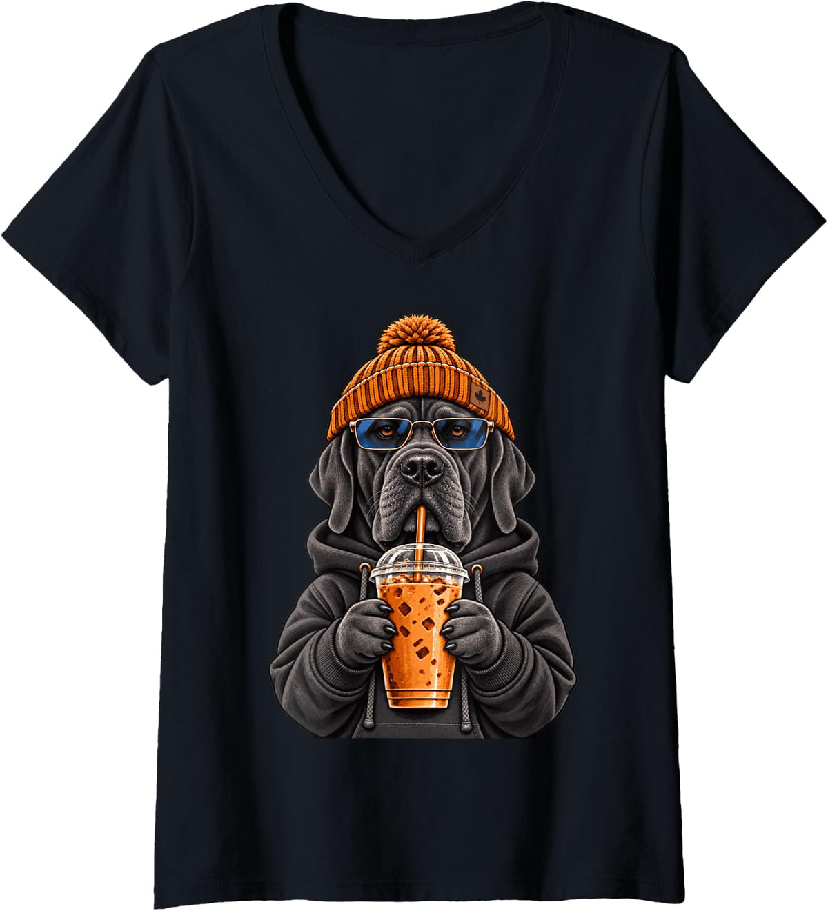 Women's Cane Corso Dog Hipster Iced Coffee Funny Cane Corso V-Neck T-Shirt - Black