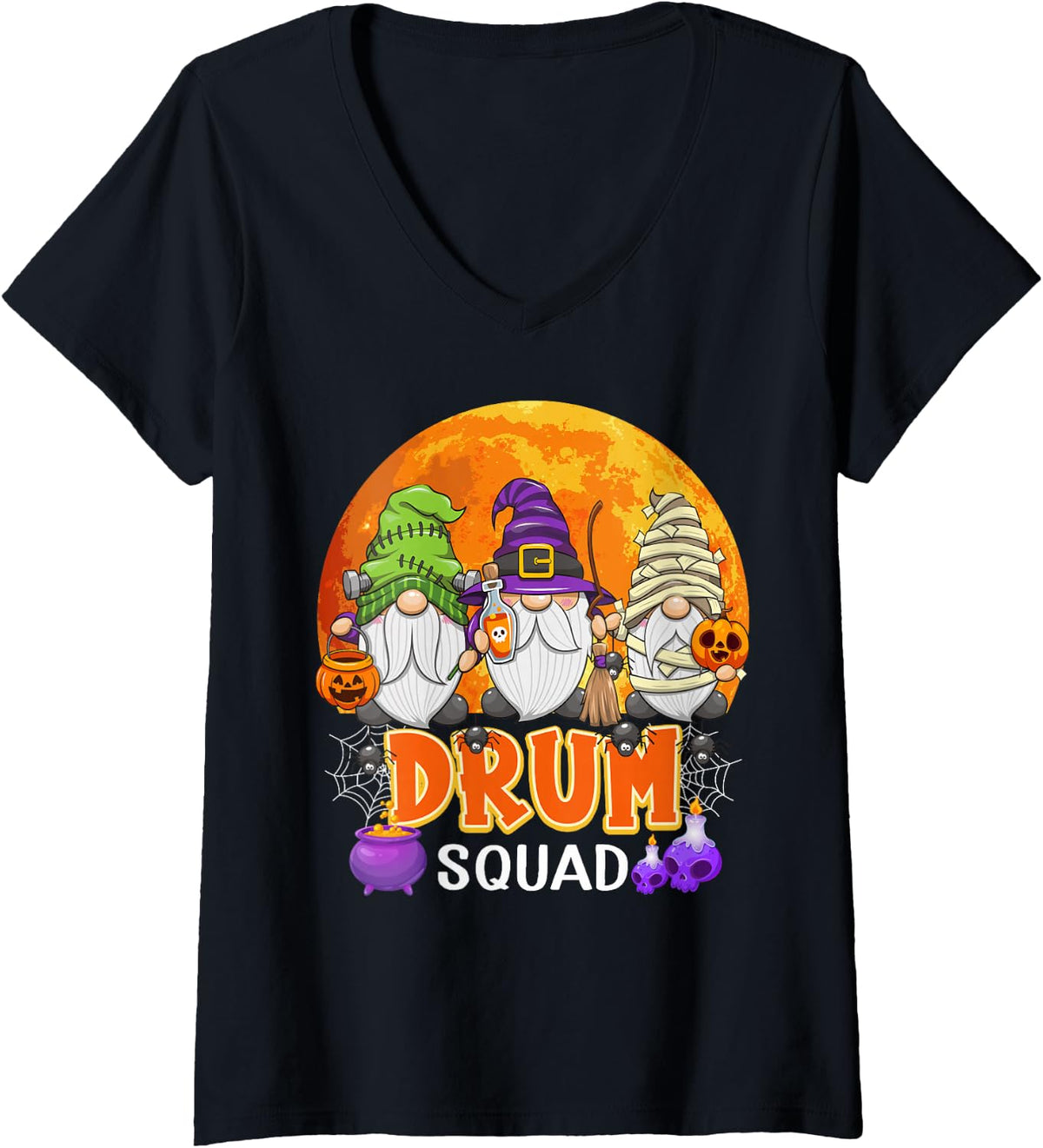 Women's Drum Squad Halloween Drummer Gnome Matching V-Neck T-Shirt - Black
