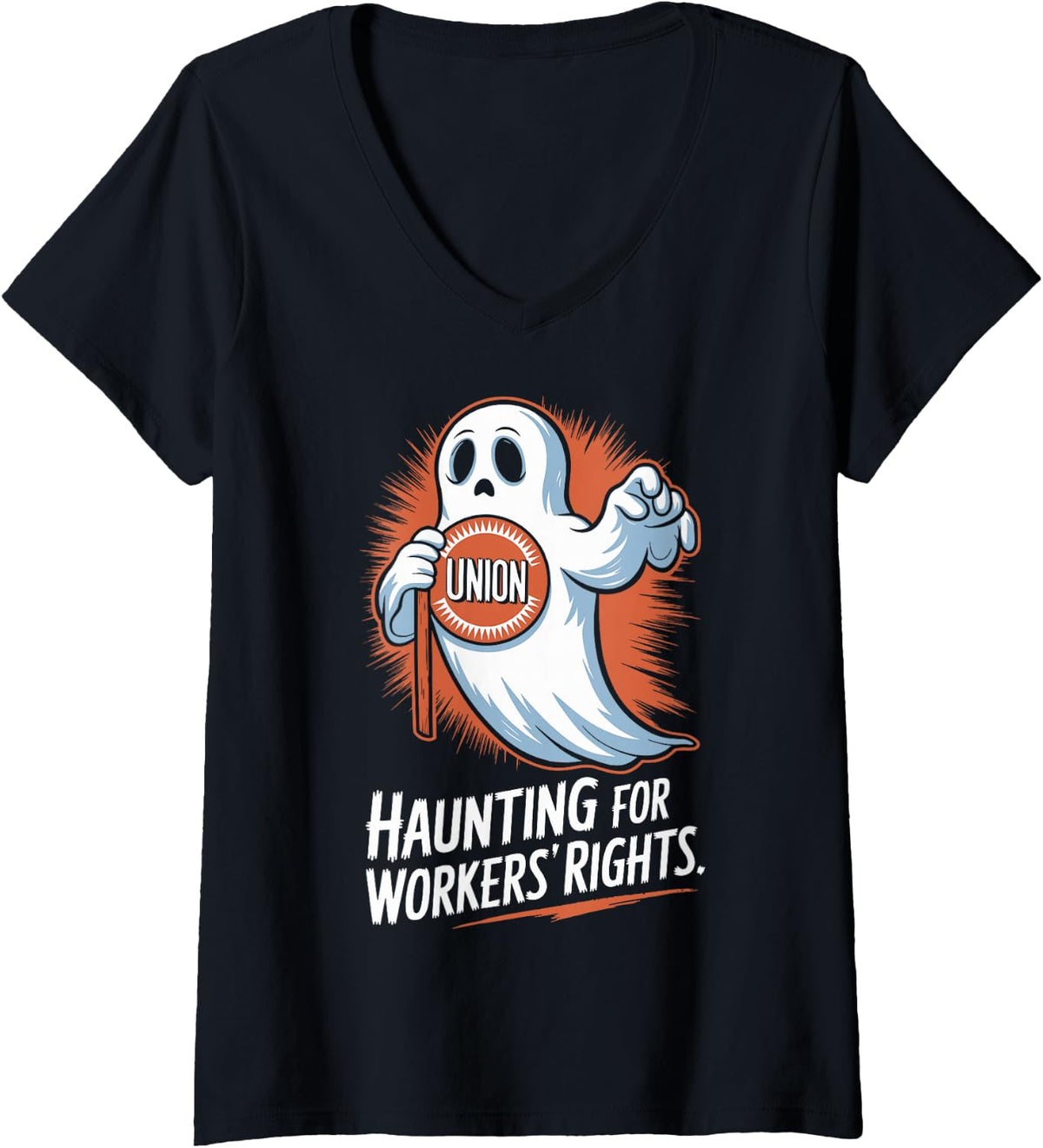Women's Union Ghost Haunting for Workers Rights Halloween Theme V-Neck T-Shirt - Black
