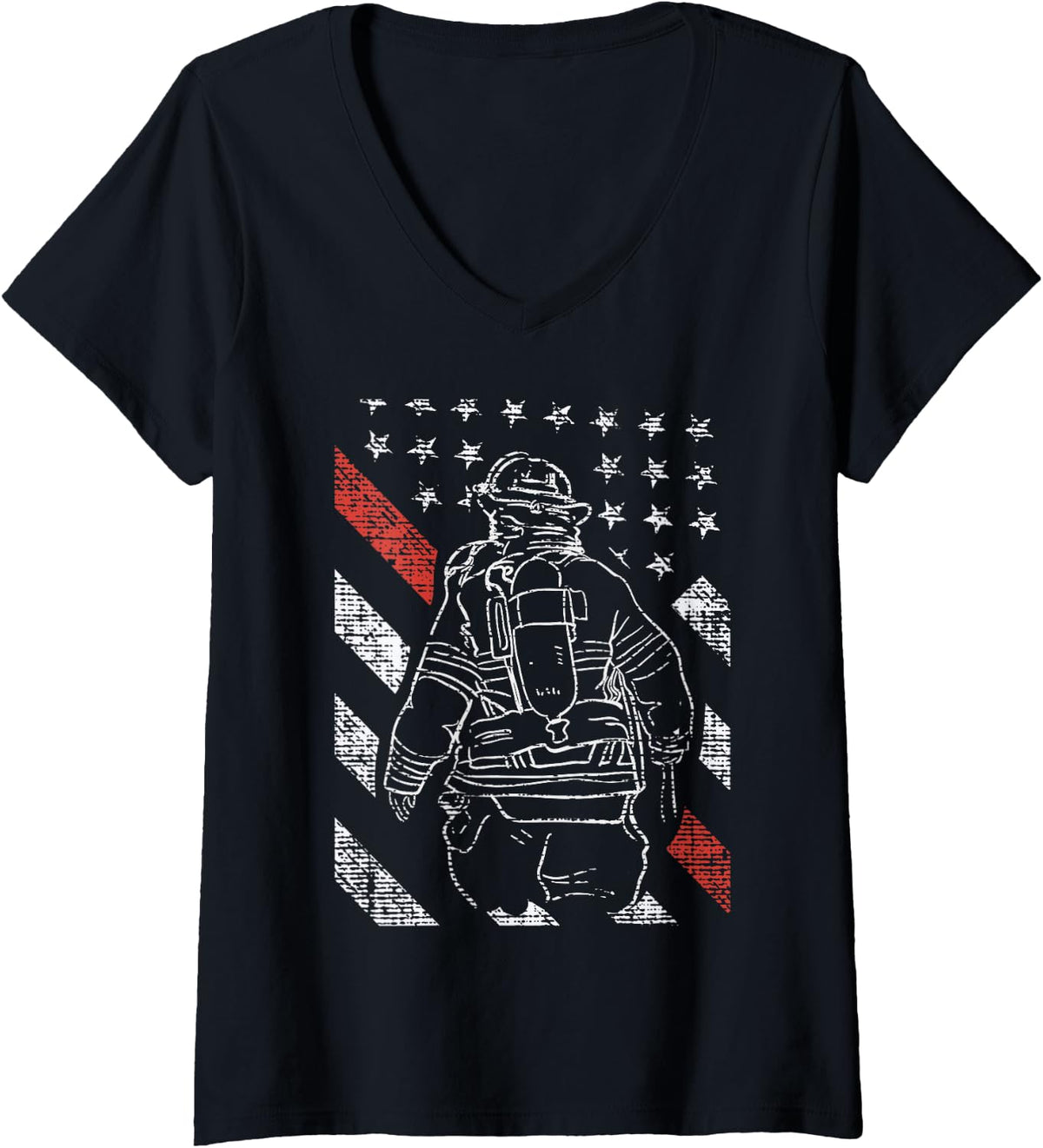 Women's Firefighter Shirt Thin Red Line Flag Fireman Christmas V-Neck T-Shirt - Black