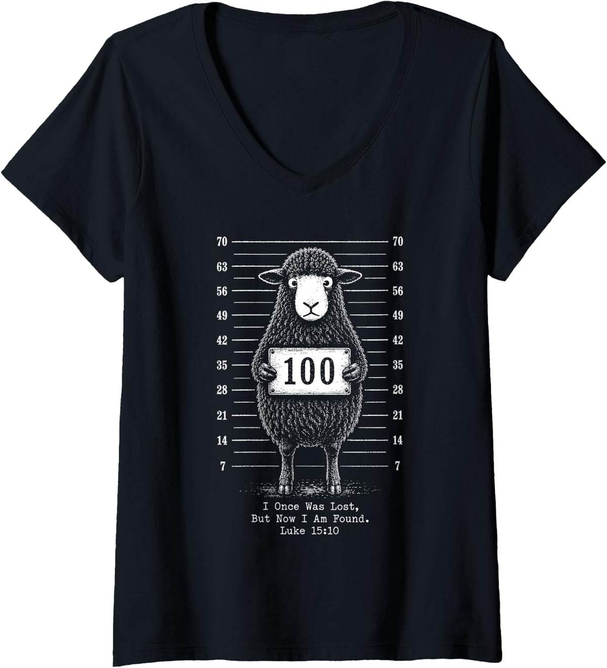 Women's I Once was Lost But Now I Am Found Funny Christian Sheep V-Neck T-Shirt - Black