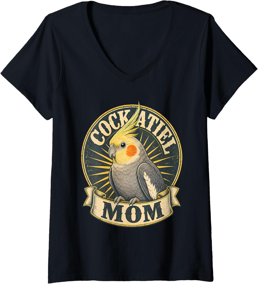 Women's Cockatiel Mom Parrot Bird Mom V-Neck T-Shirt - Black