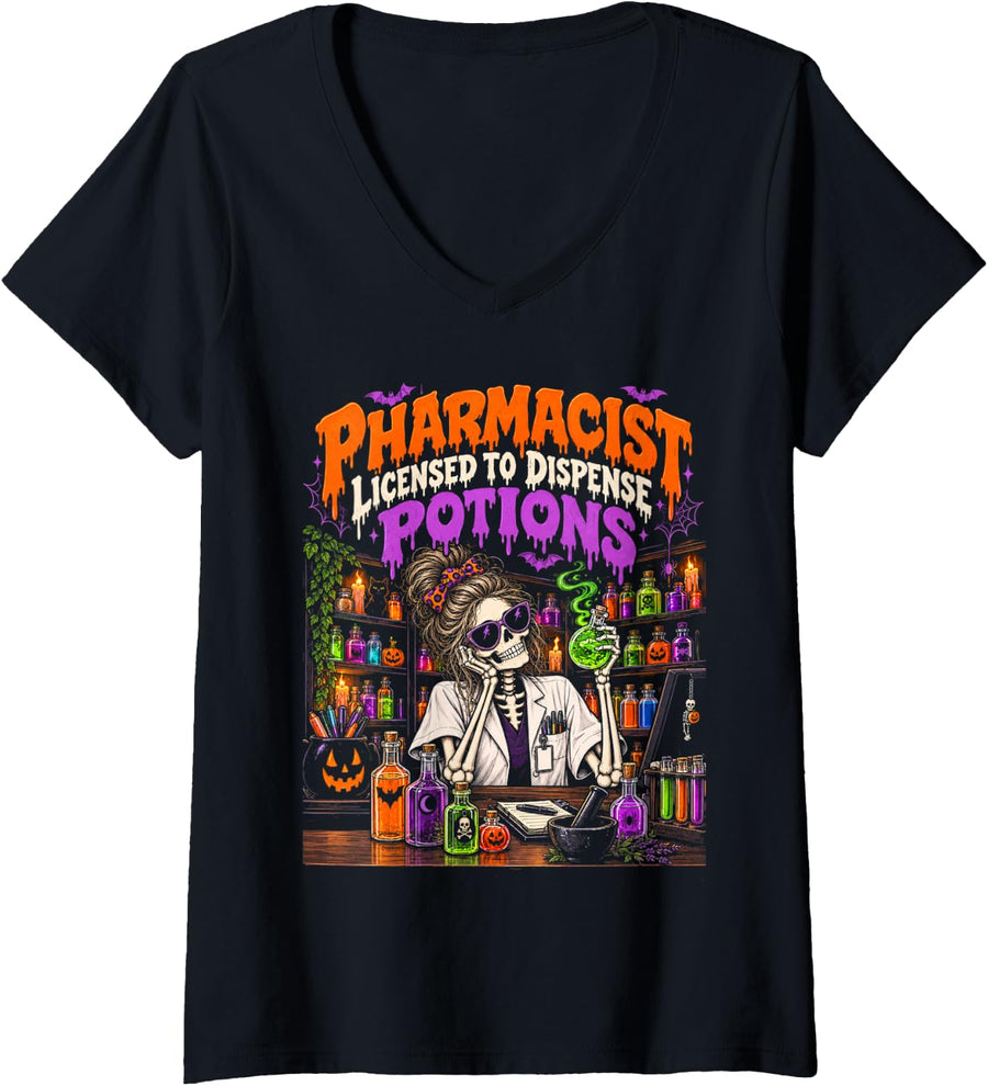 Women's Pharmacy Tech Licensed to Dispense Potions Halloween V-Neck T-Shirt - Black
