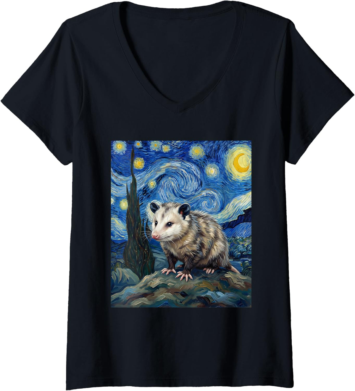 Women's Opossum Possum Van Gogh Starry Night V-Neck T-Shirt - Black