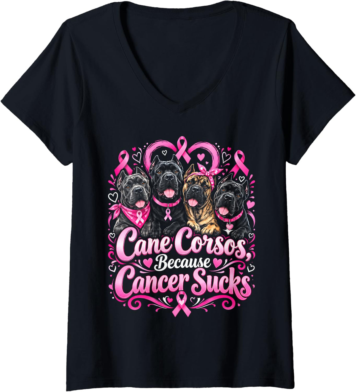 Women's Cane Corsos Because Cancer Sucks Dog V-Neck T-Shirt - Black