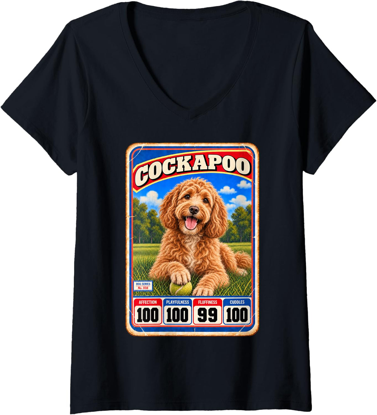 Women's Cockapoo Vintage 70s 80s Sports Trading Card V-Neck T-Shirt - Black