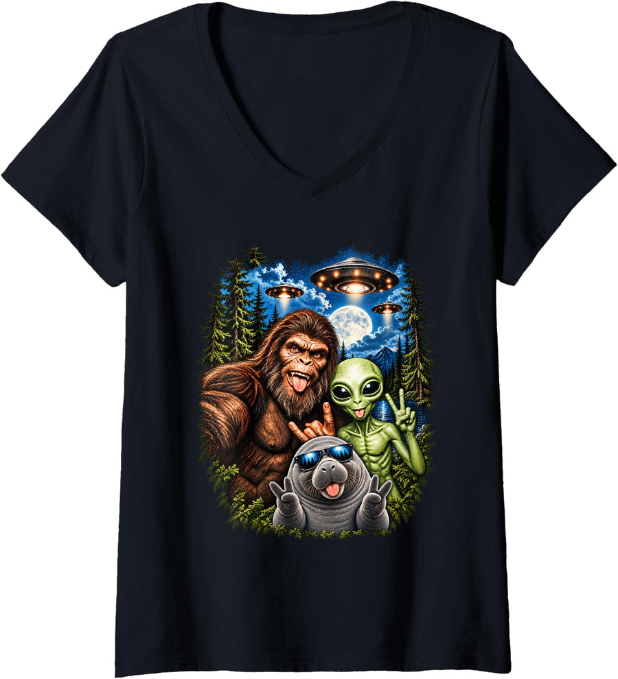 Women's Manatee Selfie Alien Bigfoot UFO Funny Men Women Kids V-Neck T-Shirt - Black