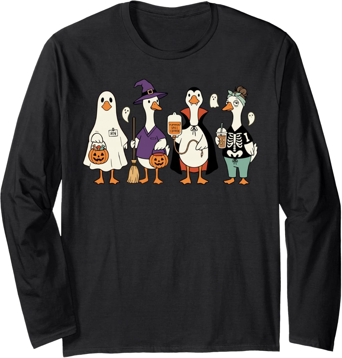Silly Nurses Build Character Nursing Goose Ghost Halloween Long Sleeve T-Shirt - Adult Unisex Black