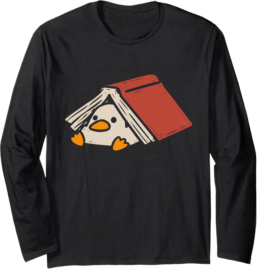 Funny Duck Under Book Reading Lover Cute Long Sleeve T-Shirt - Adult Unisex Black