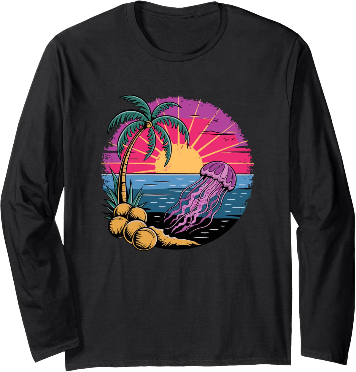 Retro Sunset Jellyfish Jellyfishes Long Sleeve T-Shirt - Adult Unisex Black