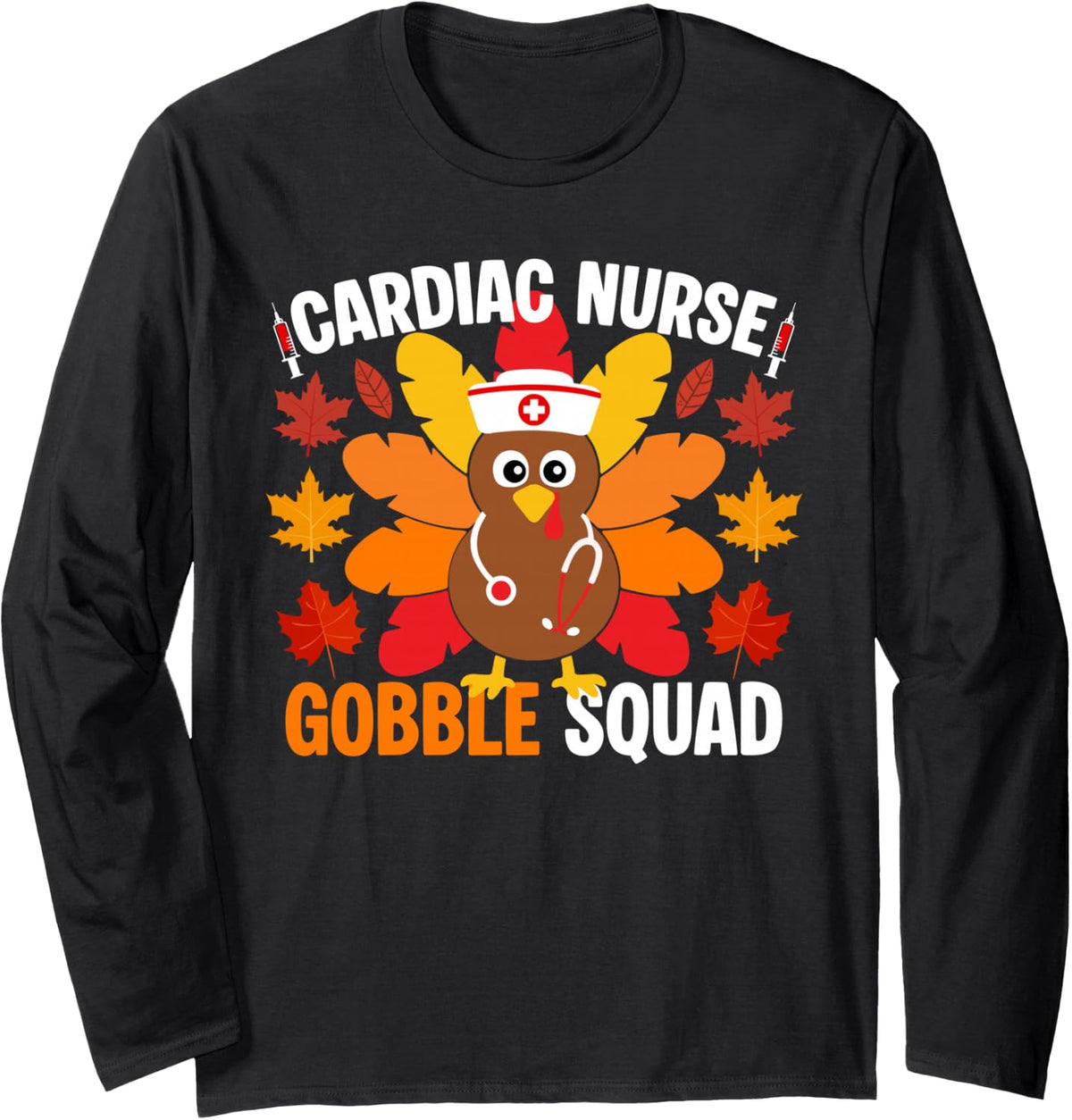 Cardiac Nurse Gobble Squad Funny Fall Turkey Thanksgiving Long Sleeve T-Shirt - Adult Unisex Black
