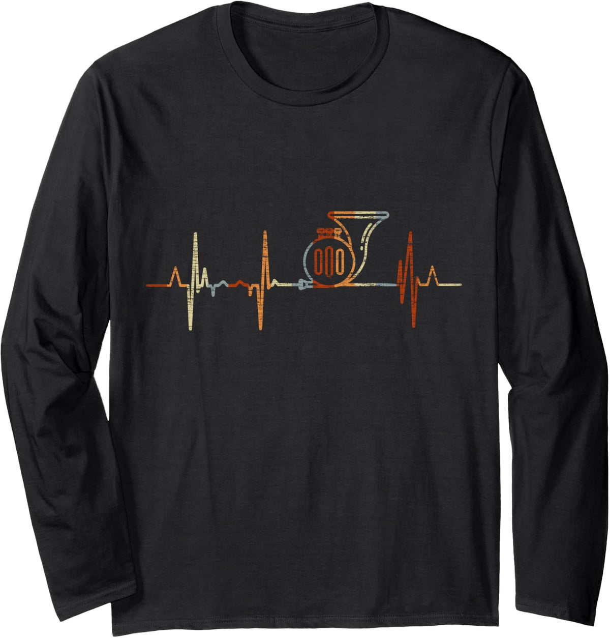 French Horn Heartbeat Vintage ECG Cardiogram Retro Long Sleeve T-Shirt - Adult Unisex Black