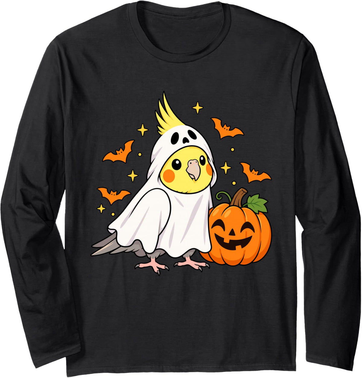 Cockatiel Ghost Costume Spooky Pumpkin Halloween Parrot Love Long Sleeve T-Shirt - Adult Unisex Black