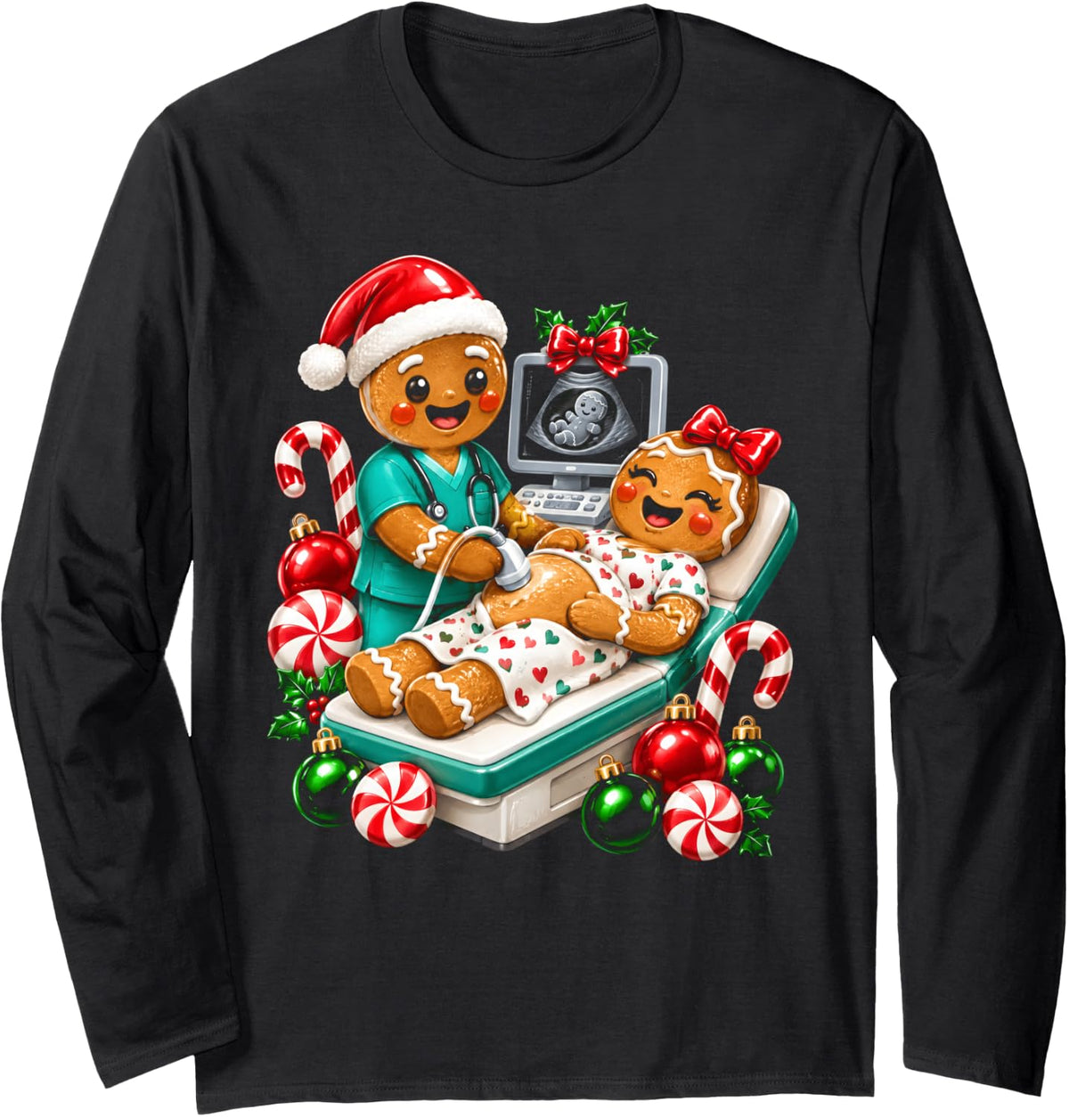 Sonographer Christmas Gingerbread Ultrasound Xmas Long Sleeve T-Shirt - Adult Unisex Black