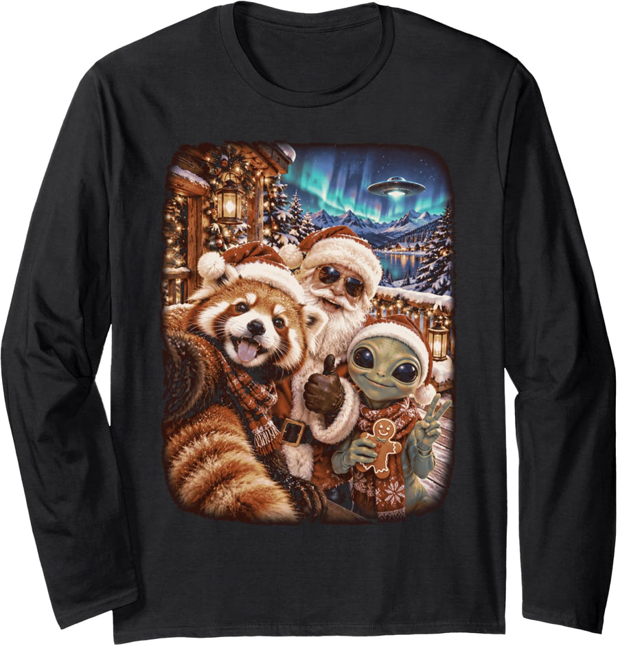 Christmas Santa Red Panda Alien Selfie Northern Lights Long Sleeve T-Shirt - Adult Unisex Black