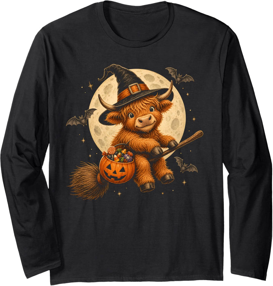 Highland Cow Witch Halloween Highland Cow Long Sleeve T-Shirt - Adult Unisex Black