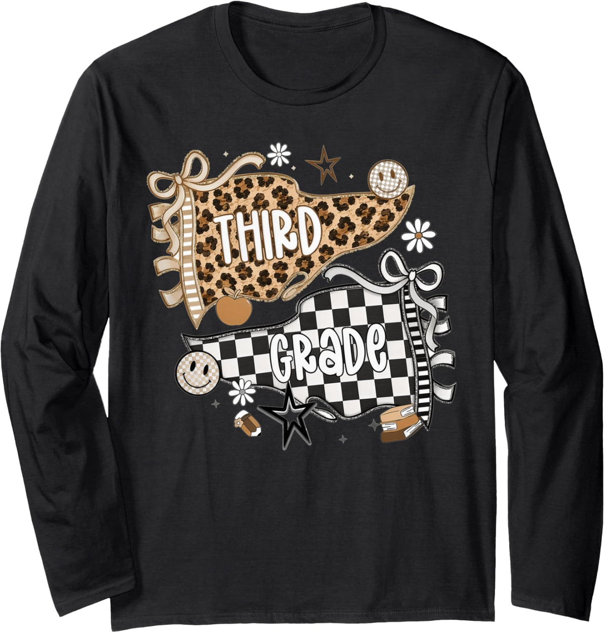 Third Grade Leopard Teacher Pennant Flag Back to School Long Sleeve T-Shirt - Adult Unisex Black
