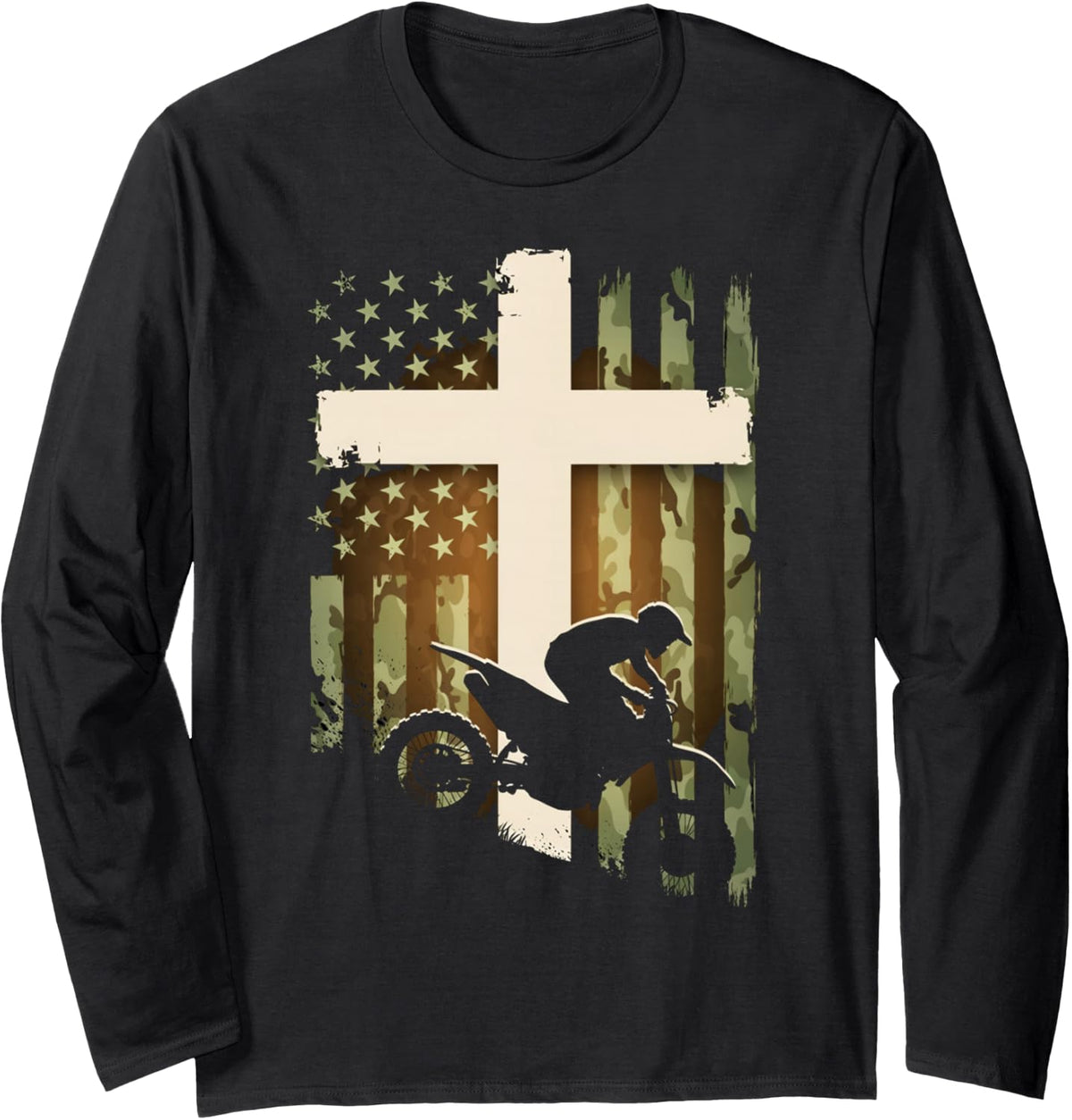 Patriotic Dirt Bike Camo American Flag Christian Motocross Long Sleeve T-Shirt - Adult Unisex Black