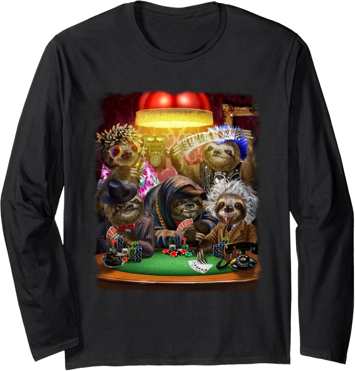 Funny Sloth Poker Night Card Game Animal Long Sleeve T-Shirt - Adult Unisex Black