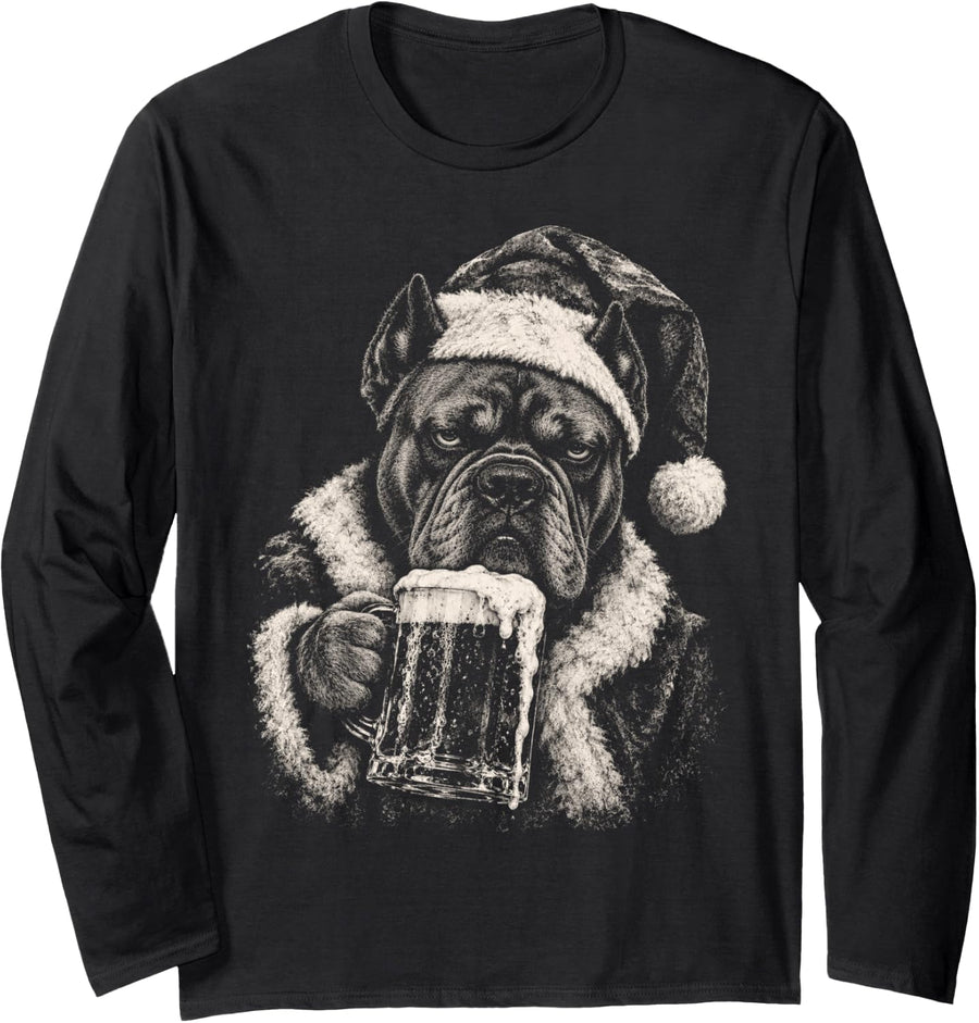 Cane Corso Santa Dog Drinking Beer Funny Christmas Humor Long Sleeve T-Shirt - Adult Unisex Black