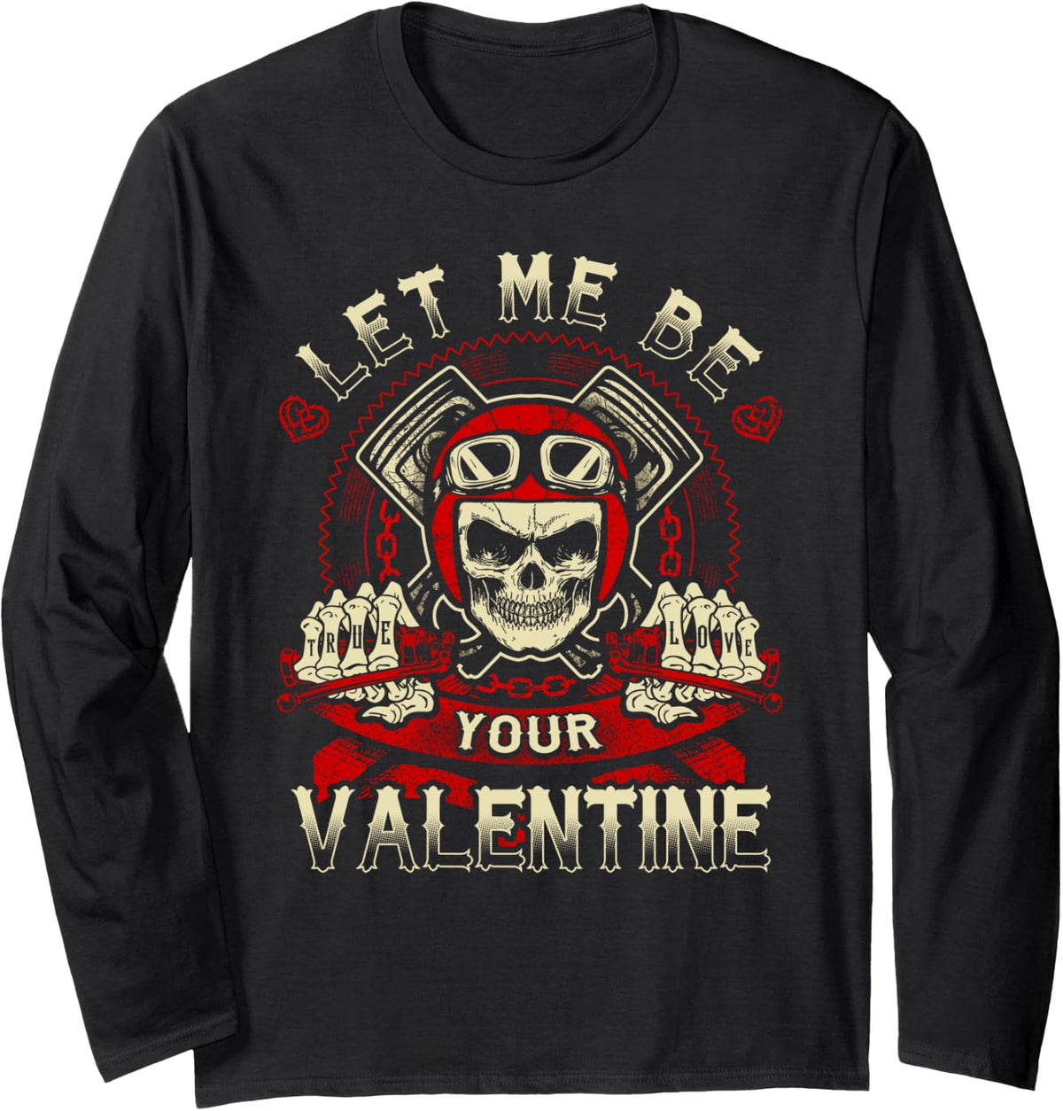 Biker Valentines Day Gift Motorcycle Men Love Vintage Skull Long Sleeve T-Shirt - Adult Unisex Black