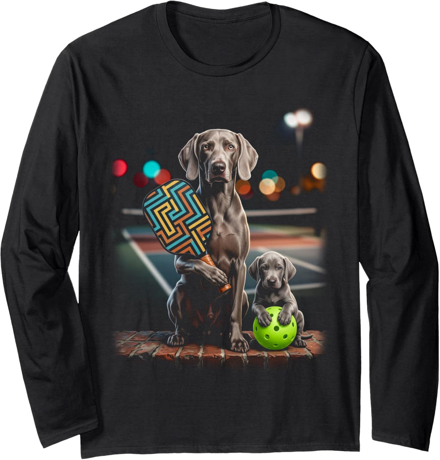 Weimaraner Pickleball Paddle Puppy Duo Dog Lover Art Long Sleeve T-Shirt - Adult Unisex Black