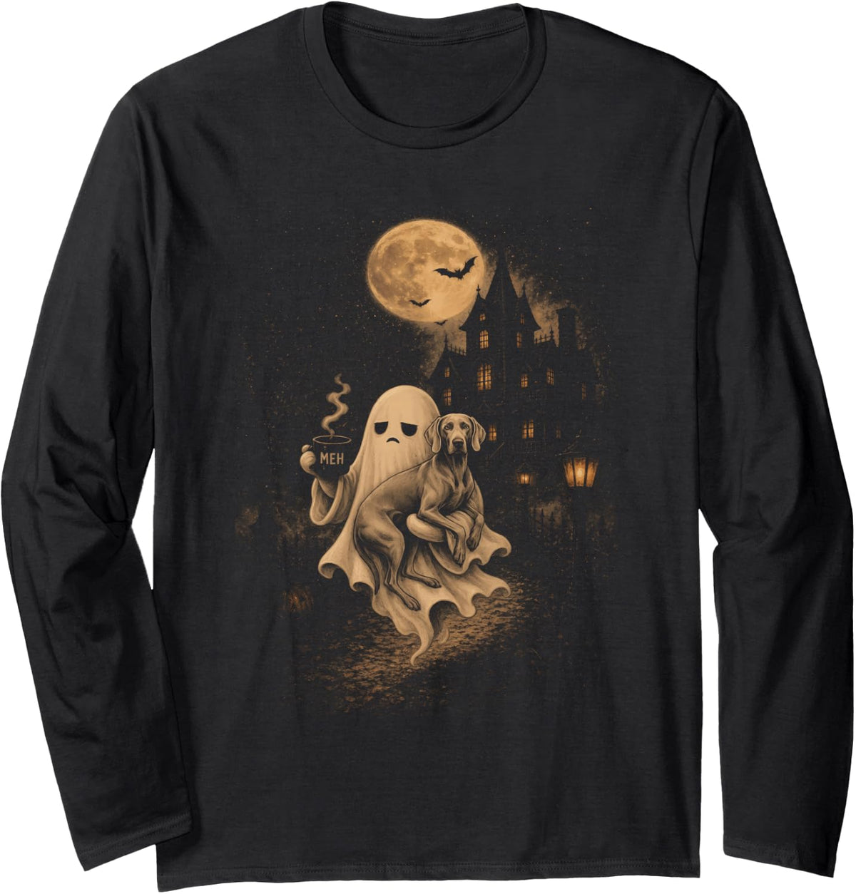 Vintage Weimaraner Ghost Coffee Spooky Halloween Long Sleeve T-Shirt - Adult Unisex Black