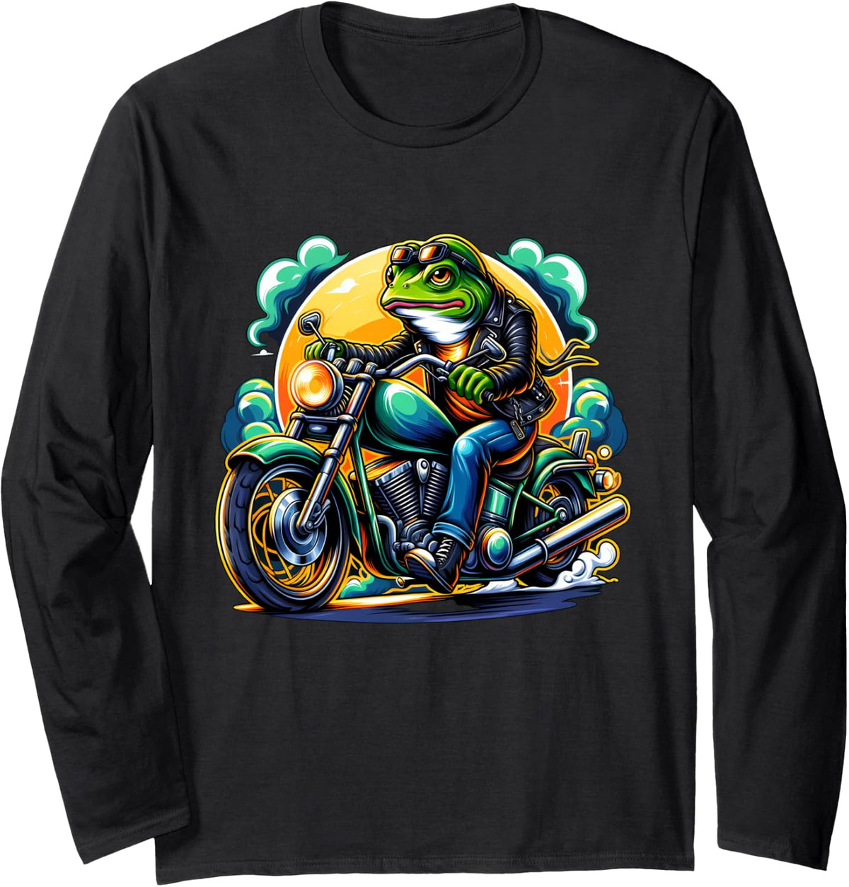 Biker Frog Riding Motorbike Long Sleeve T-Shirt - Adult Unisex Black