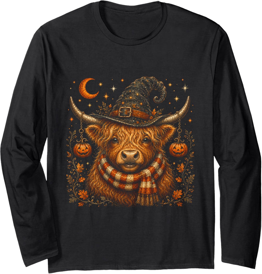 Highland Cow Witch Halloween Pumpkin Autumn Fall Spooky Long Sleeve T-Shirt - Adult Unisex Black