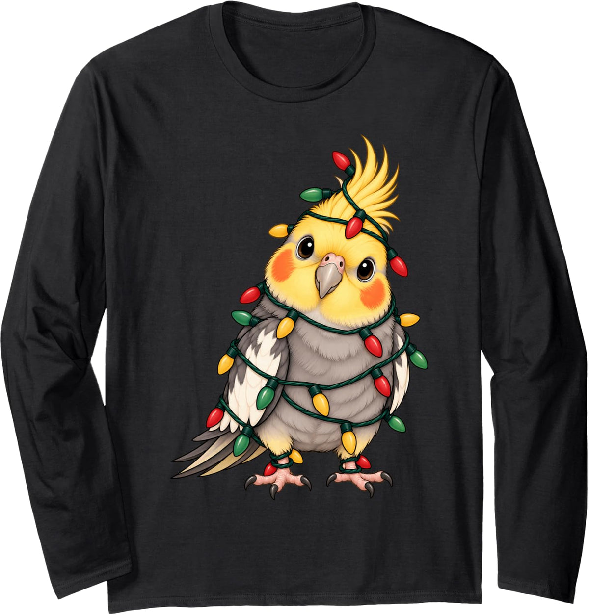 Cockatiel Christmas Lights Funny Xmas Holiday Bird Lovers Long Sleeve T-Shirt - Adult Unisex Black