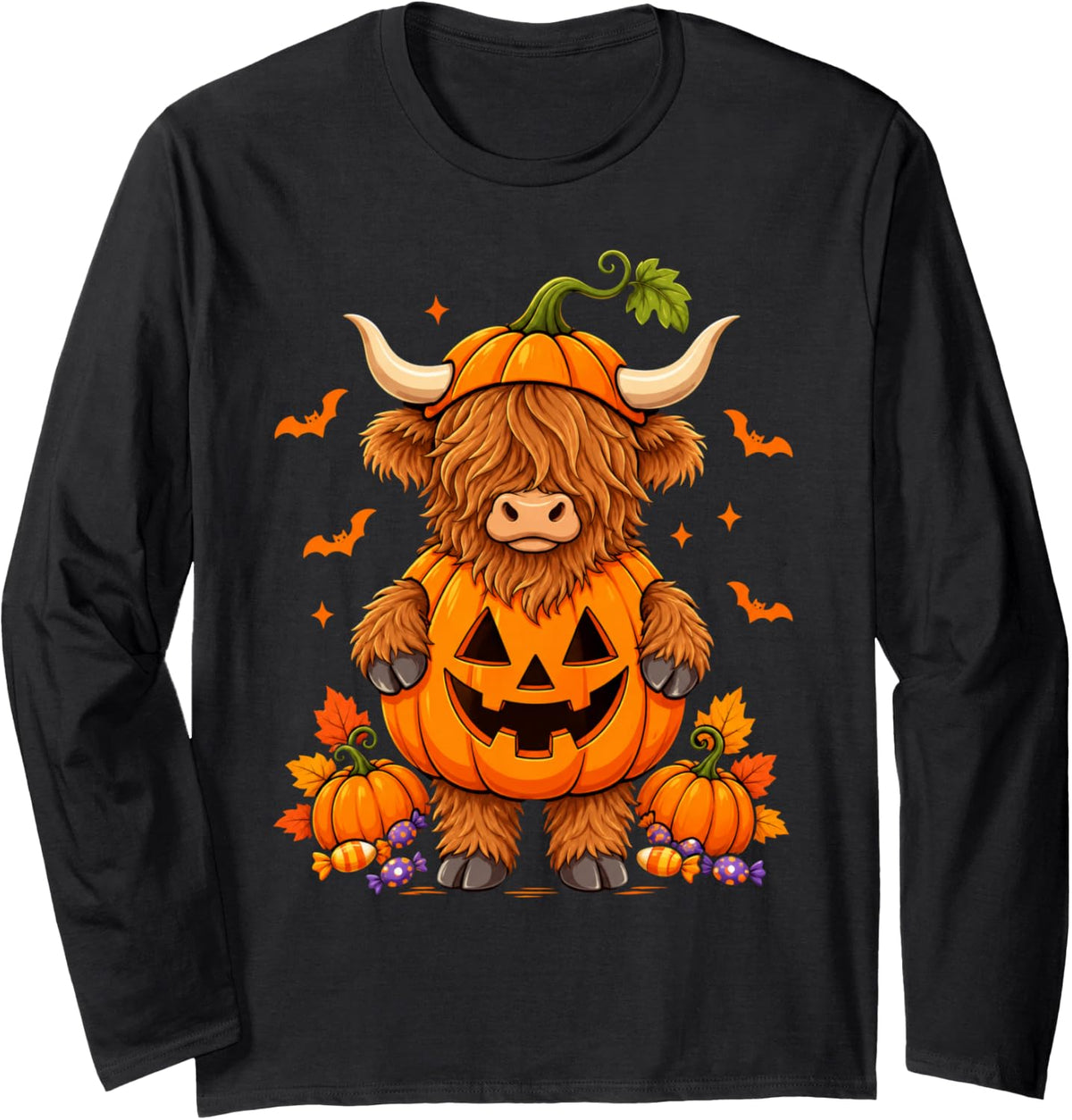 Highland Cow in Pumpkin Candy Fall Autumn Halloween Costume Long Sleeve T-Shirt - Adult Unisex Black