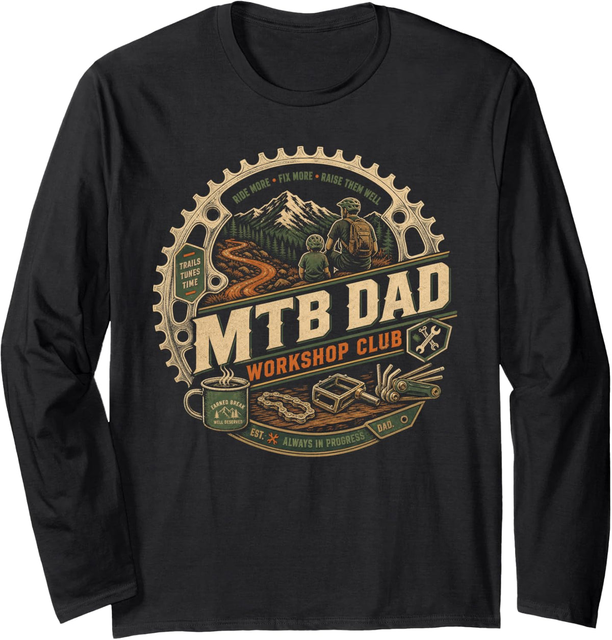 MTB Dad Workshop Club Mountain Bike Long Sleeve T-Shirt - Adult Unisex Black