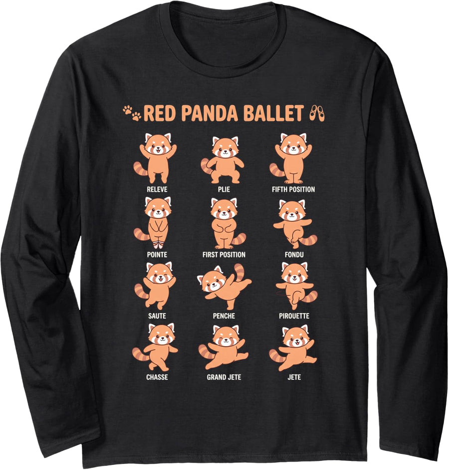 Red Panda Ballet Kawaii Poses Cute Funny Animal Chart Long Sleeve T-Shirt - Adult Unisex Black