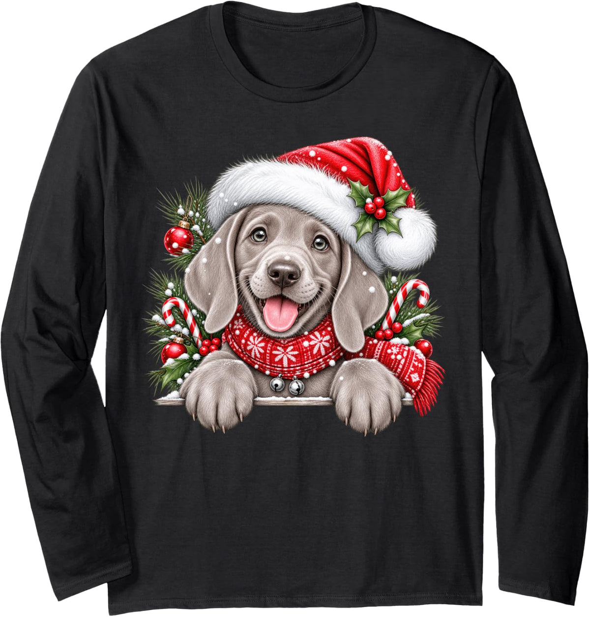 Weimaraner Dog Christmas Santa Hat Mom Dad Long Sleeve T-Shirt - Adult Unisex Black