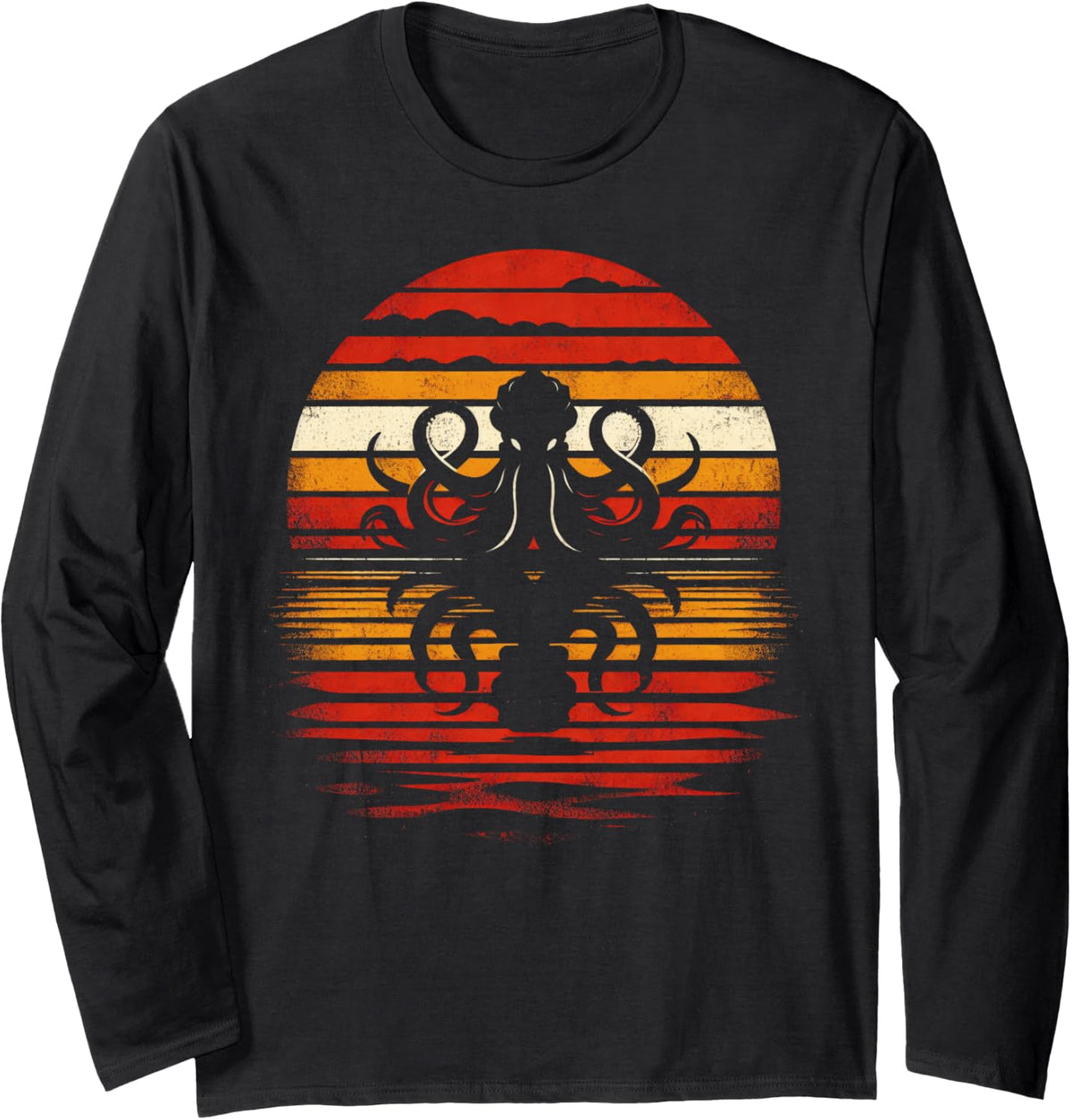 Octopus Sunset Retro Style Safari Vintage 70s Octopus Long Sleeve T-Shirt - Adult Unisex Black