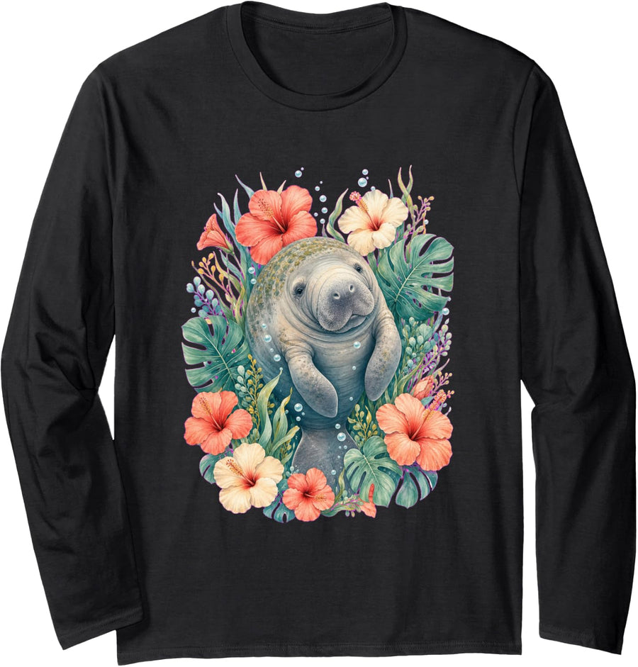 Manatee Lover Dugong Oceanologist Floral Sea Cow Long Sleeve T-Shirt - Adult Unisex Black