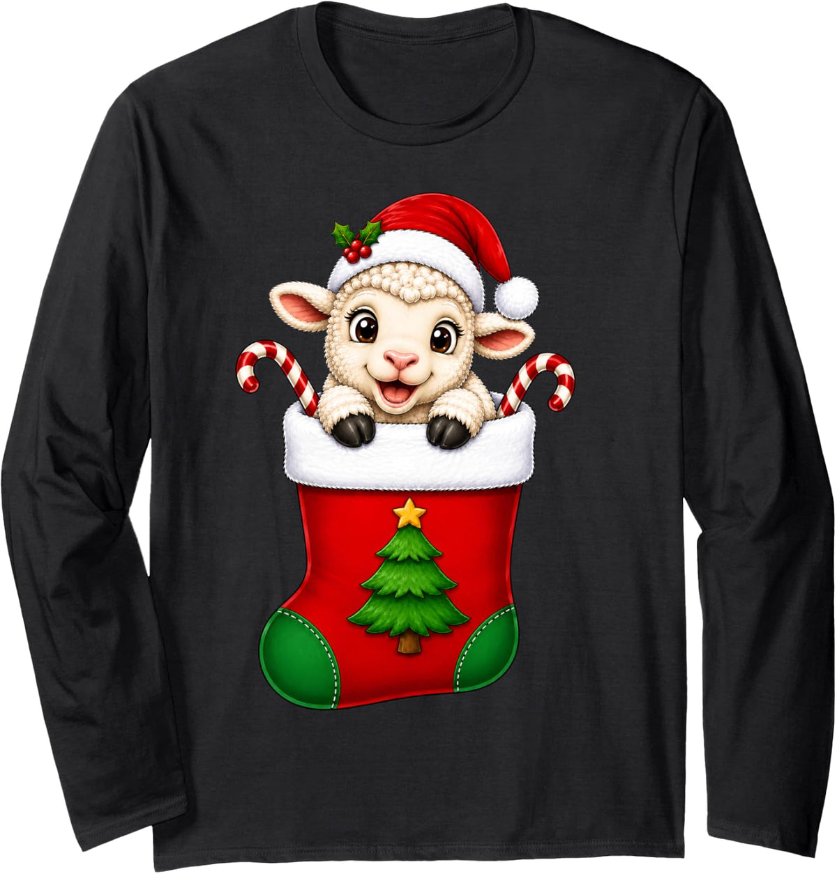Cute Santa Hat Lamb Sheep in Christmas Stocking Long Sleeve T-Shirt - Adult Unisex Black