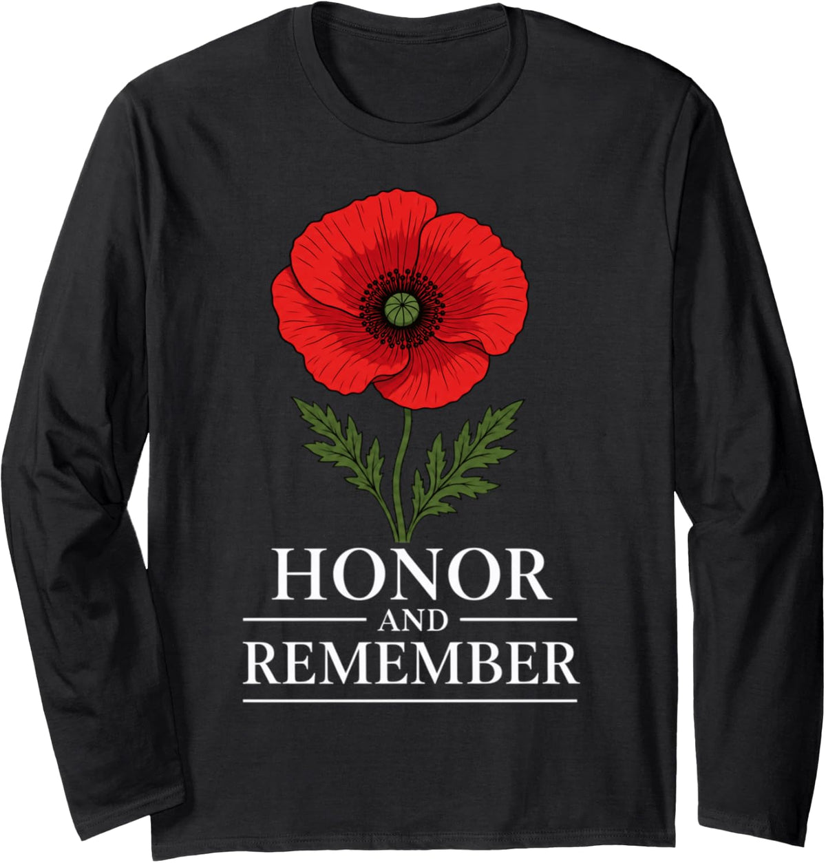 Honor Remember Memorial Day Vintage Poppy Flower Long Sleeve T-Shirt - Adult Unisex Black