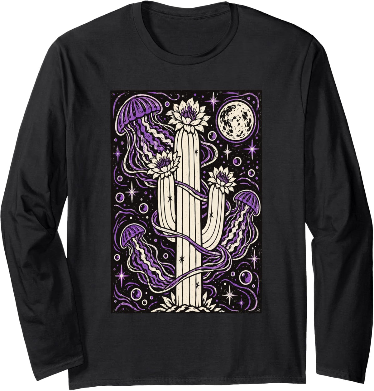Cosmic Cactus Jellyfish Lotus Long Sleeve T-Shirt - Adult Unisex Black