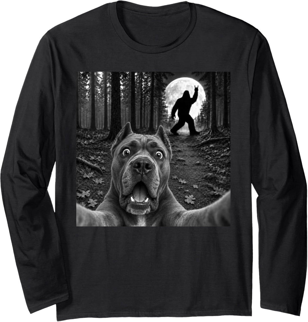 Cane Corso Selfie with Bigfoot Rock and Roll Dog Sasquatch Long Sleeve T-Shirt - Adult Unisex Black