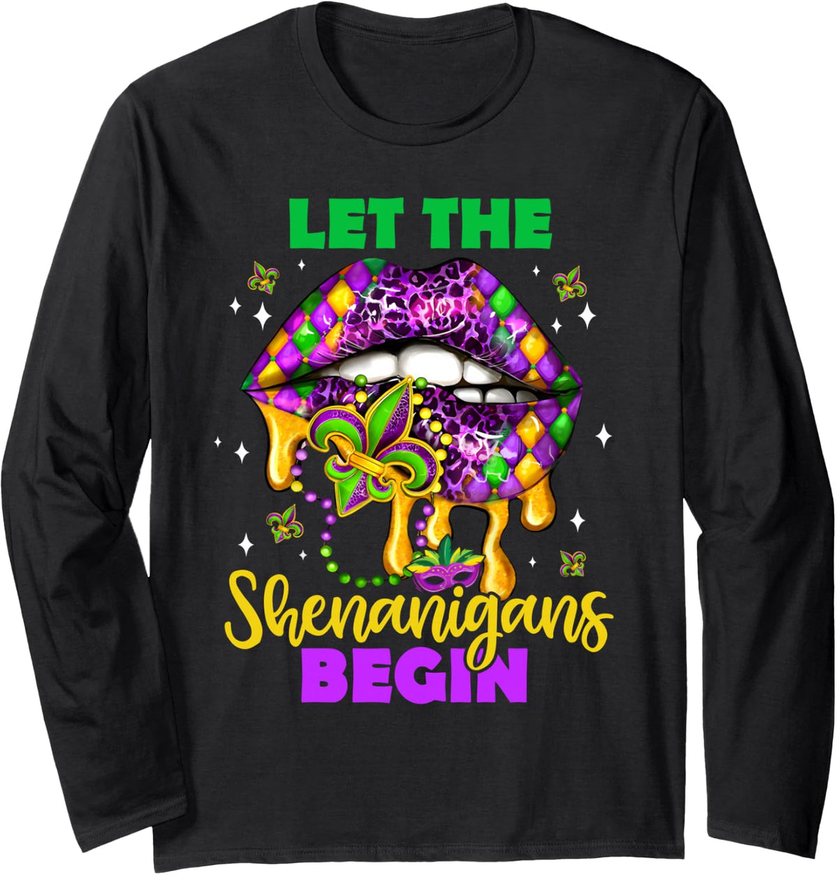 Let The Shenanigans Begin Mardi Gras Lips Womens Long Sleeve T-Shirt - Adult Unisex Black