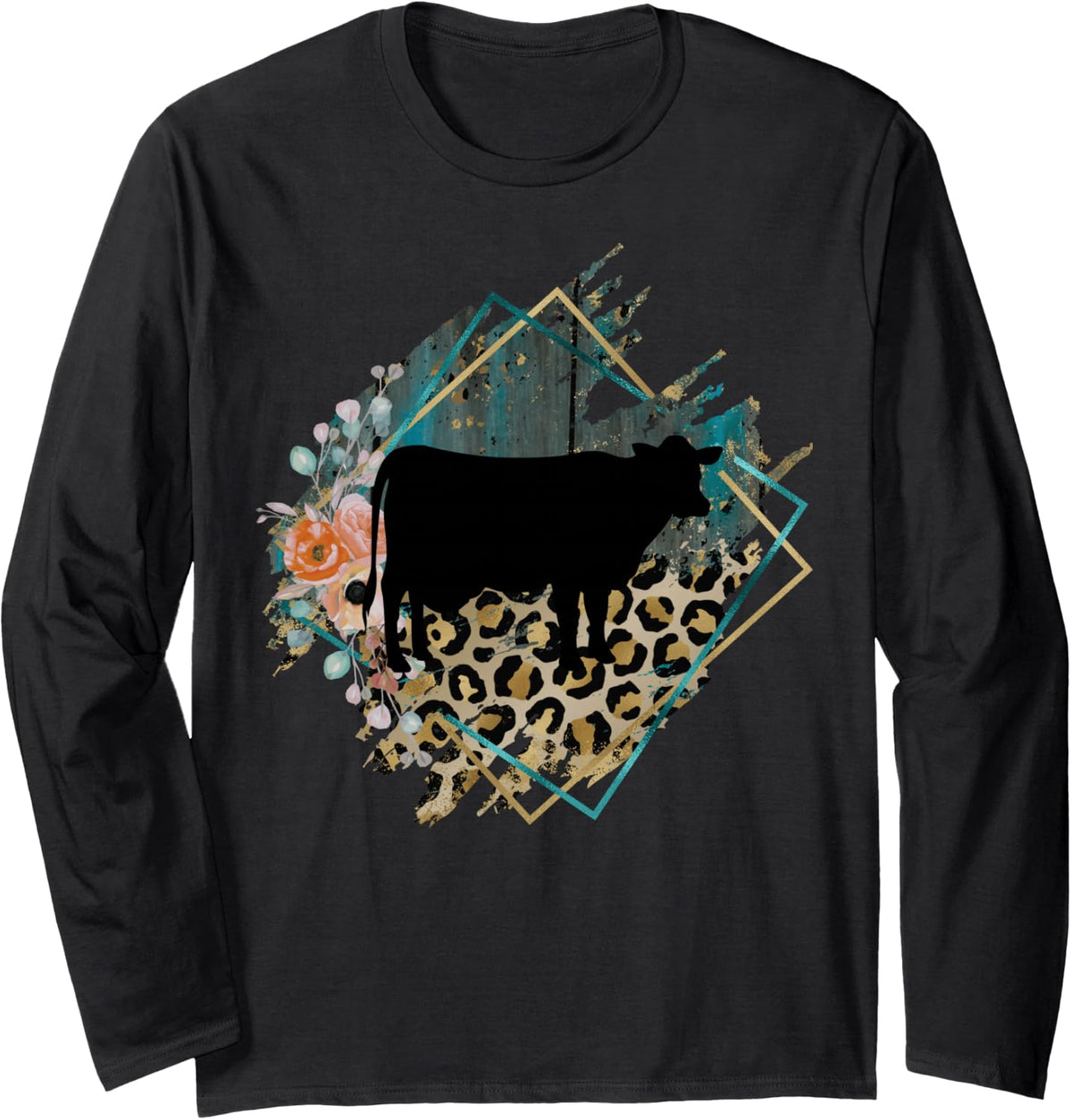 Cow Mama Leopard Serape Funny Jersey Cow Lover Long Sleeve T-Shirt - Adult Unisex Black