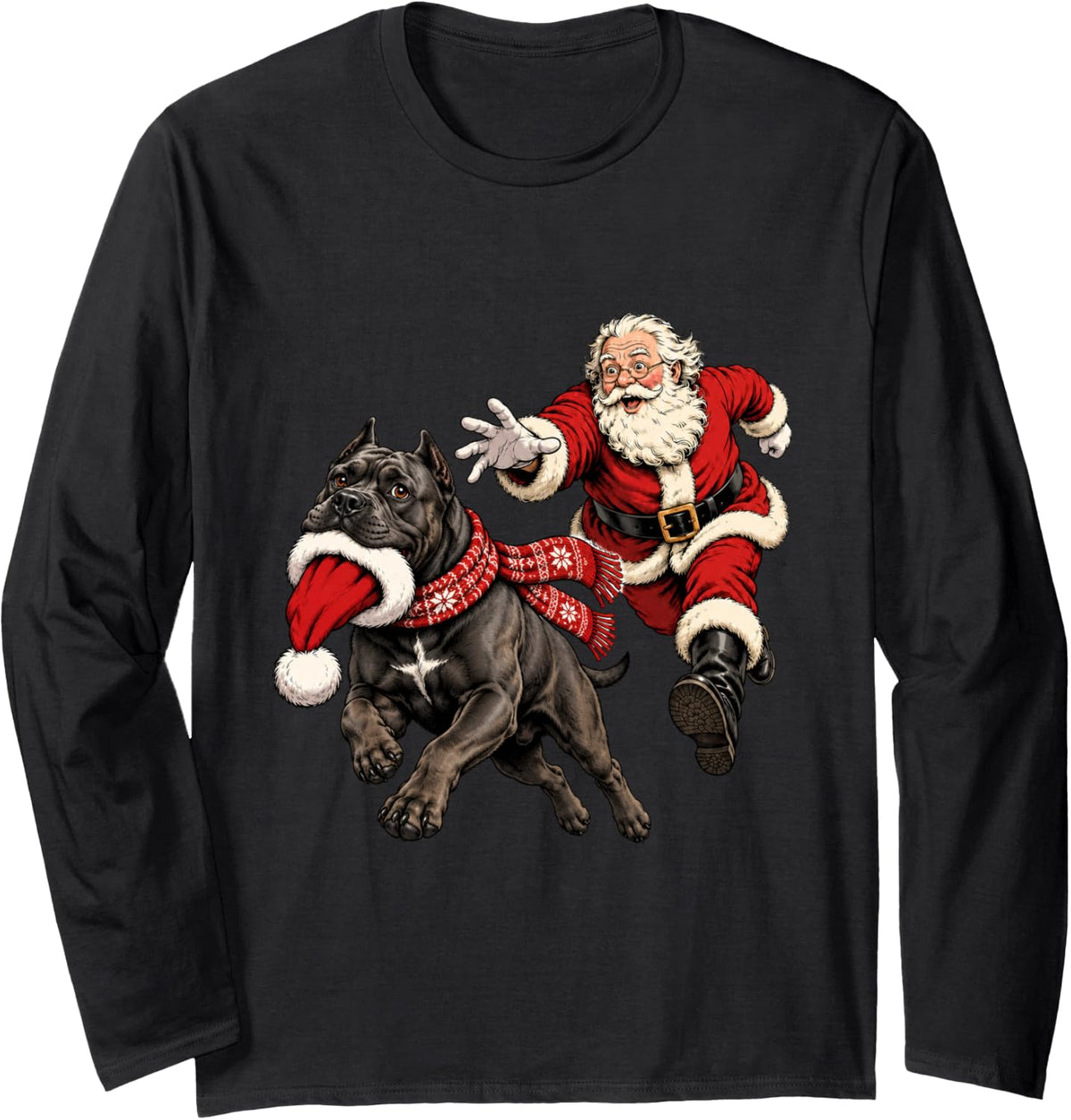 Funny Santa Chasing Cane Corso Christmas Dog Mom Pet Long Sleeve T-Shirt - Adult Unisex Black