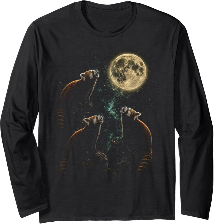 Three Red Pandas Howling at Moon Vintage 90s Animal Graphic Long Sleeve T-Shirt - Adult Unisex Black