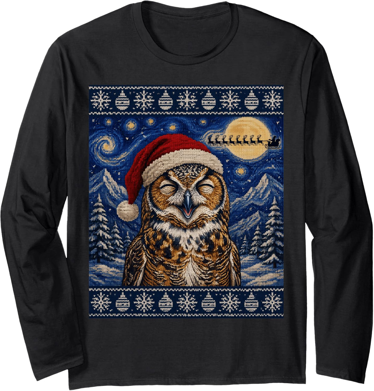 Great Horned Owl Santa Ugly Christmas Long Sleeve T-Shirt - Adult Unisex Black