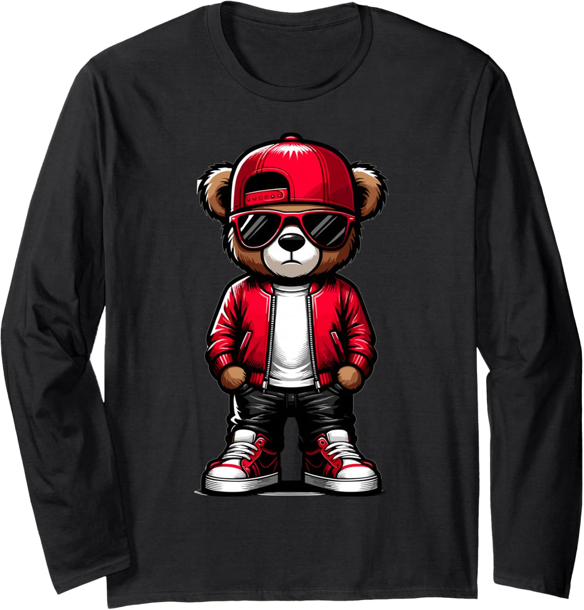 Hip Hop Teddy Bear Rap Music Lover Long Sleeve T-Shirt - Adult Unisex Black